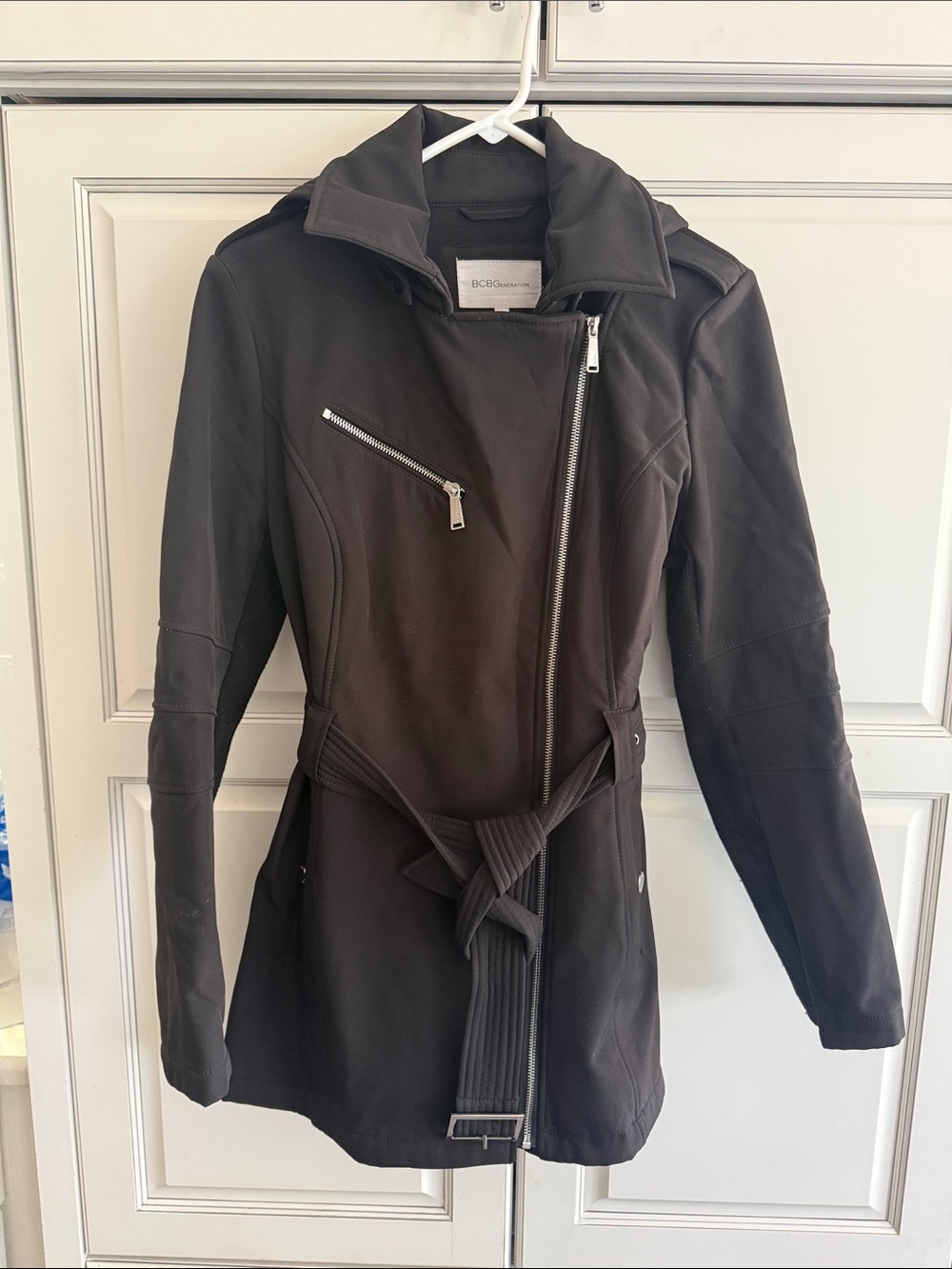 BCBGeneration Black Asymmetrical Zip Belted Trench Coat